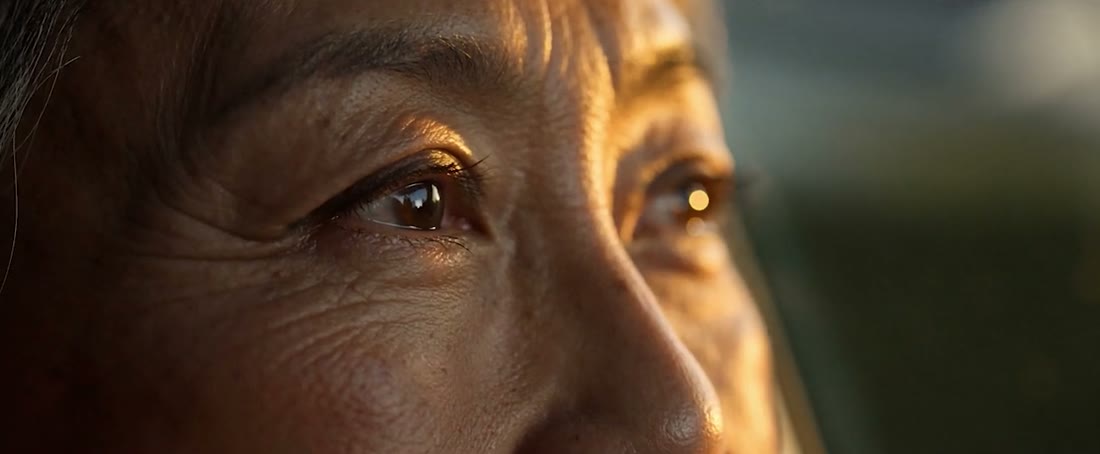 Extreme close-up of a clinician's eyes in sunset light